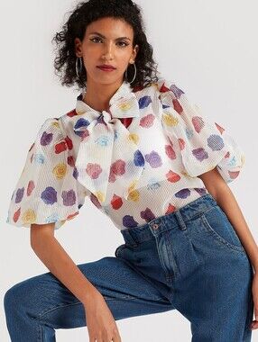 NWOT ** 2Xtremz Printed Tie-Neck Polka Dot Blouse with Short Balloon Sleeves